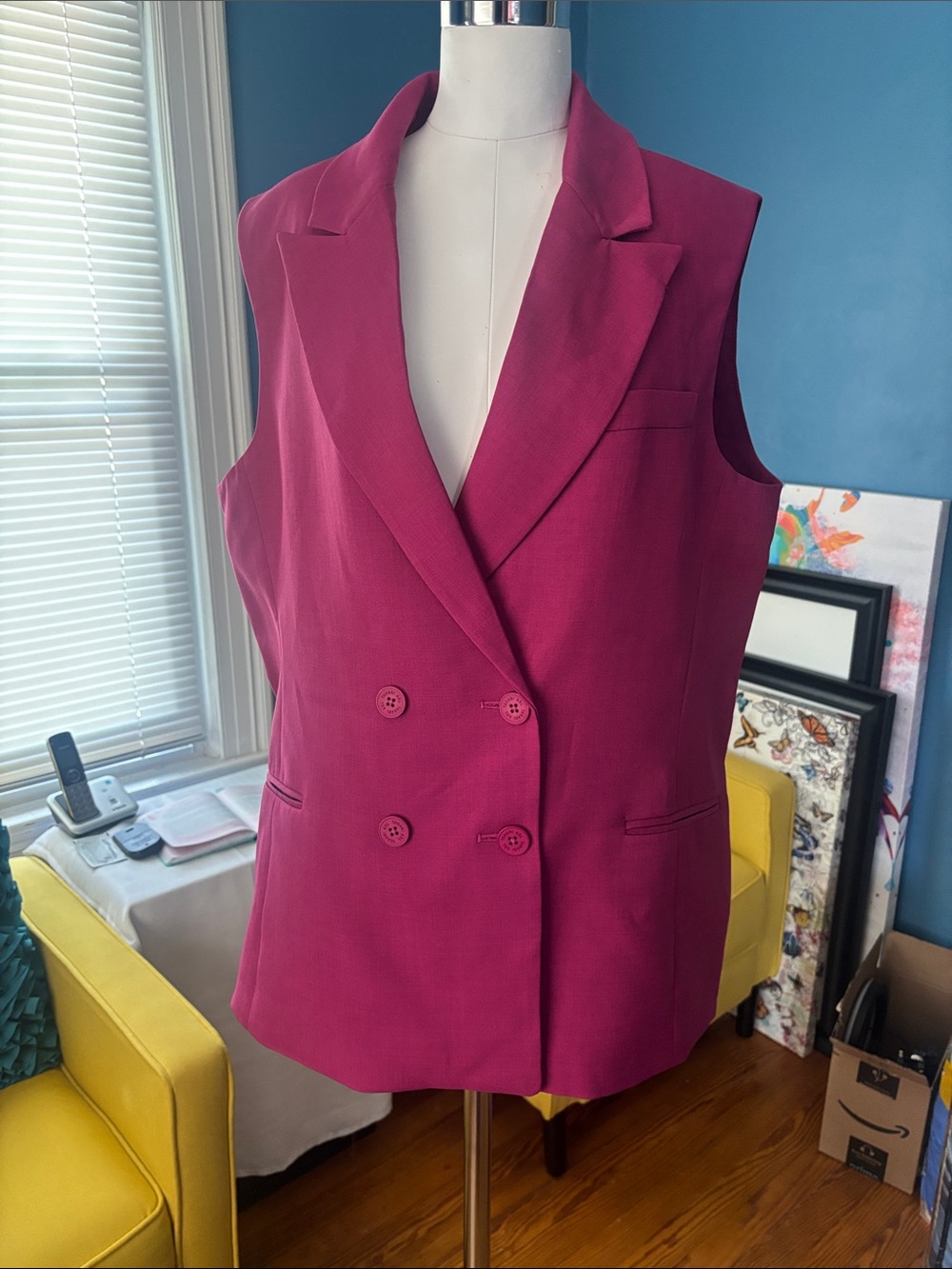 Sleeveless Double-Breasted Blazer Vest - Magenta
